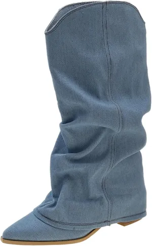 Women's Denim Block Heel Fold Over Knee Boots Fashion Pull On low chunky heel Casual Long Boots Y2K Cowgirl Wide-Calf Boots