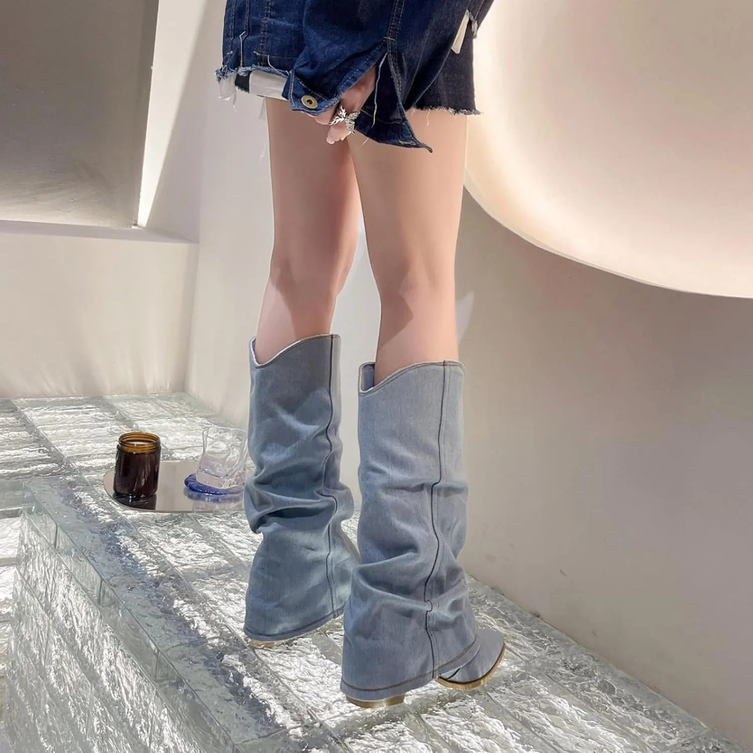 Women's Denim Block Heel Fold Over Knee Boots Fashion Pull On low chunky heel Casual Long Boots Y2K Cowgirl Wide-Calf Boots