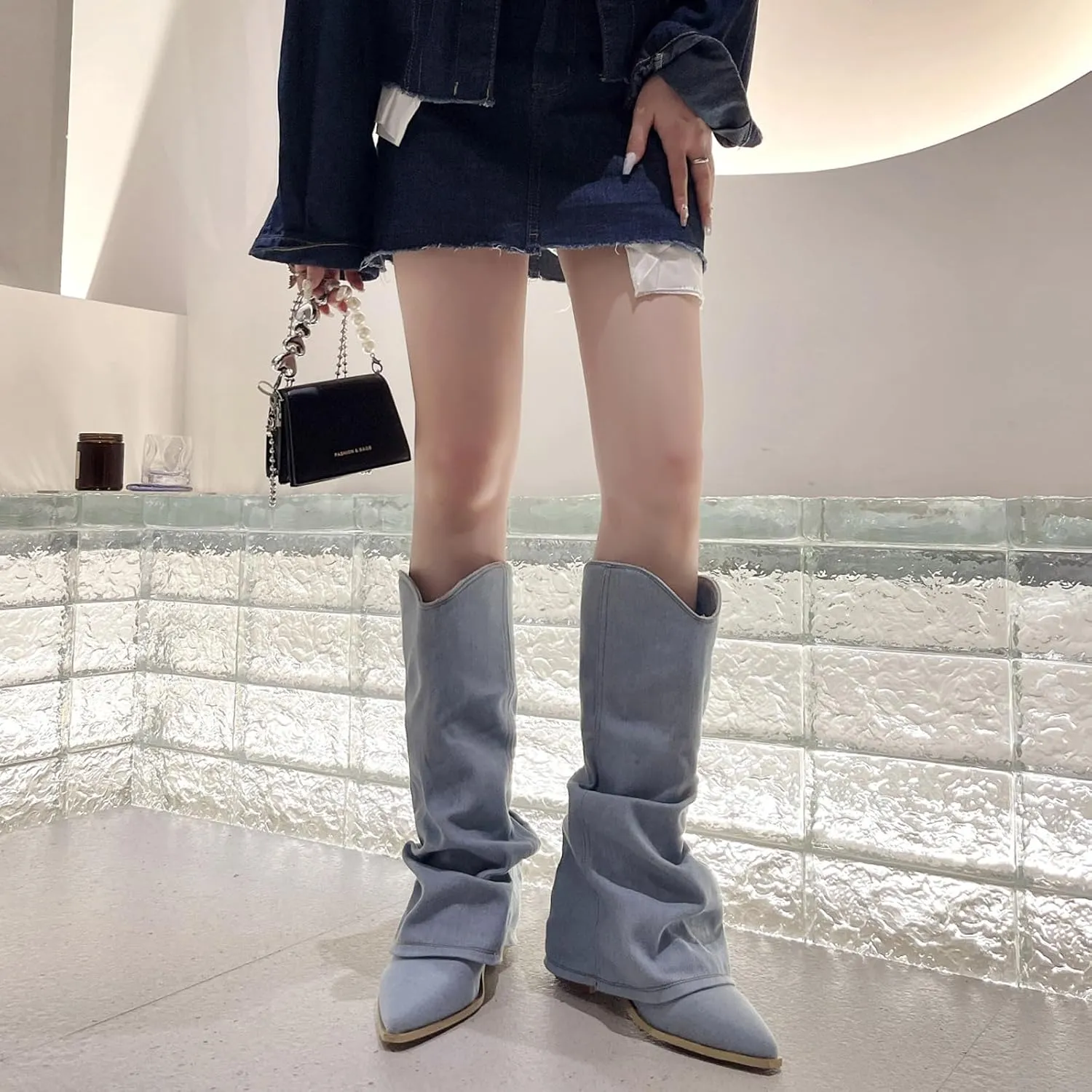 Women's Denim Block Heel Fold Over Knee Boots Fashion Pull On low chunky heel Casual Long Boots Y2K Cowgirl Wide-Calf Boots
