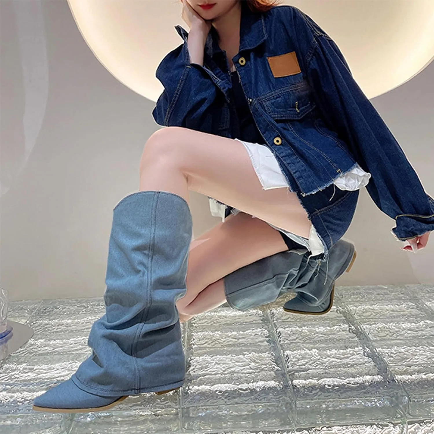 Women's Denim Block Heel Fold Over Knee Boots Fashion Pull On low chunky heel Casual Long Boots Y2K Cowgirl Wide-Calf Boots