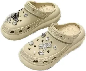 Women's DIY Crystal Bear Platform Clogs Slip On Slides Shoes Beach Sandals Gardener Clog Mules Clog Wedge Sandals Outdoor Beach Shoes