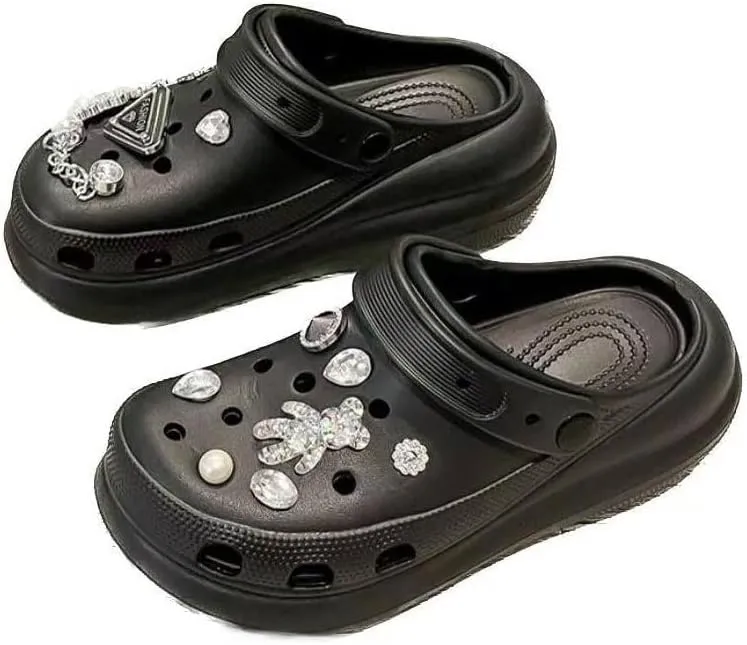 Women's DIY Crystal Bear Platform Clogs Slip On Slides Shoes Beach Sandals Gardener Clog Mules Clog Wedge Sandals Outdoor Beach Shoes