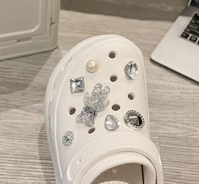 Women's DIY Crystal Bear Platform Clogs Slip On Slides Shoes Beach Sandals Gardener Clog Mules Clog Wedge Sandals Outdoor Beach Shoes