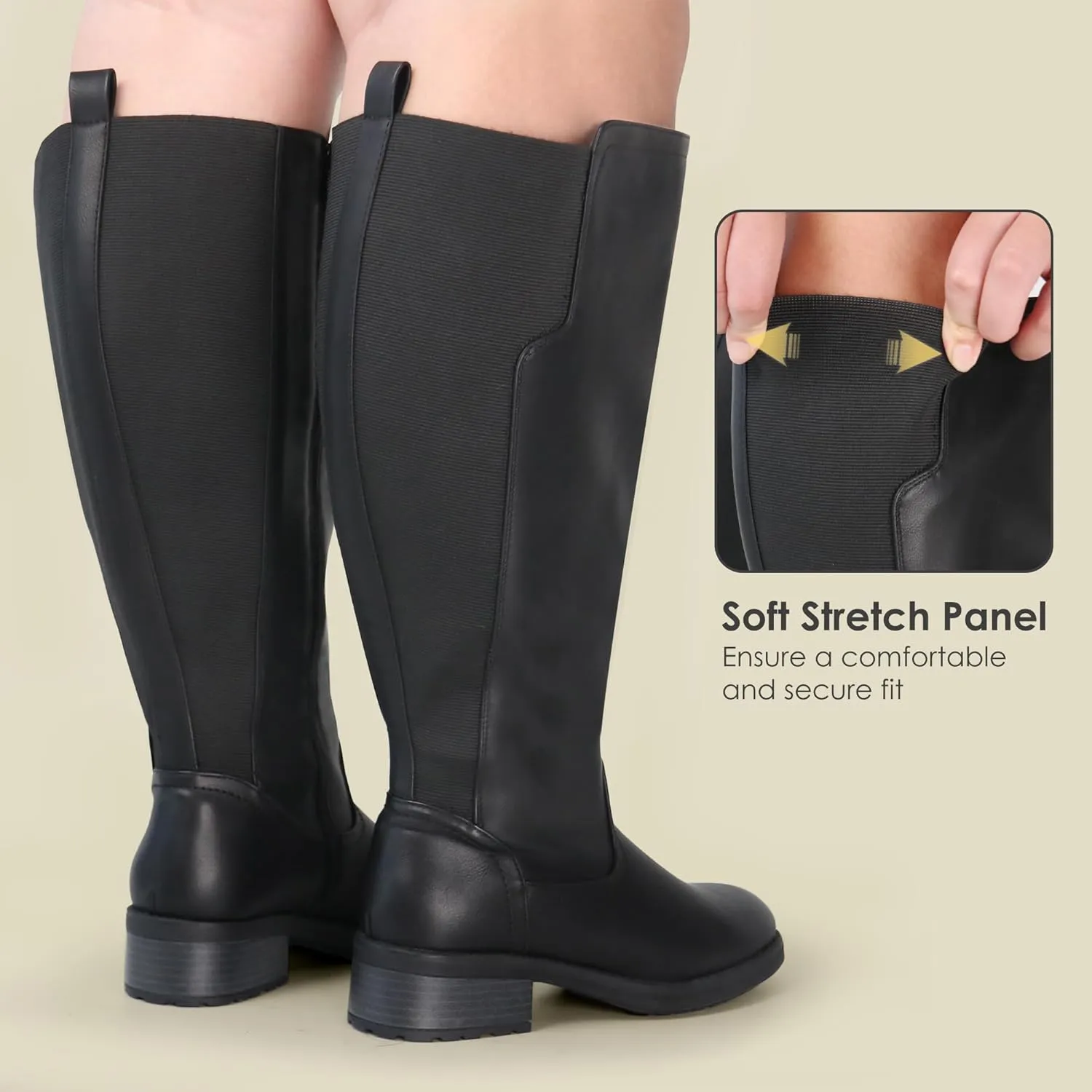 Women's Extra Wide Calf Knee High Boots with Side Zipper and Stretch Panel