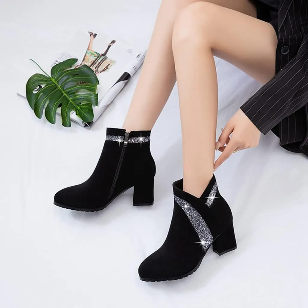 Women's Fashion Glitter Dressy Ankle Boots Round Toe Zipper Chunky Mid Heels Dress Short Booties