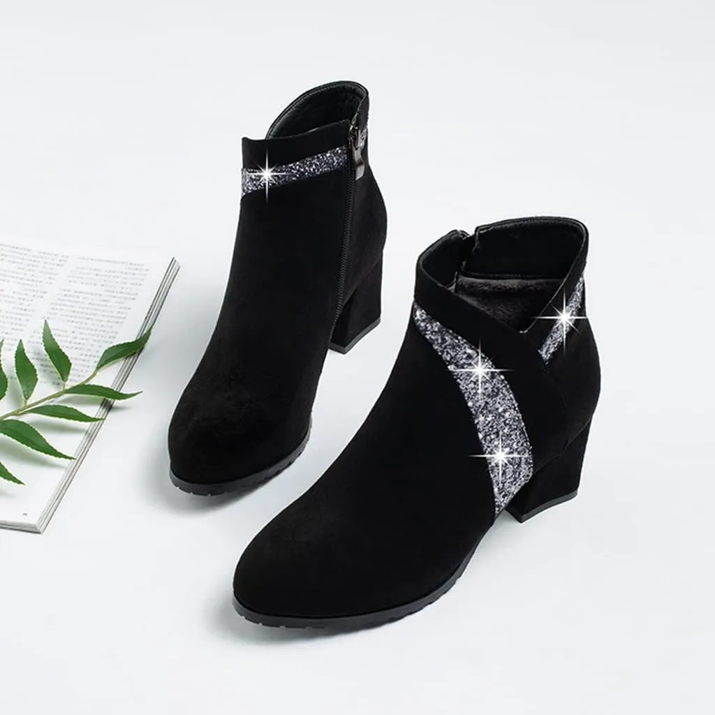 Women's Fashion Glitter Dressy Ankle Boots Round Toe Zipper Chunky Mid Heels Dress Short Booties
