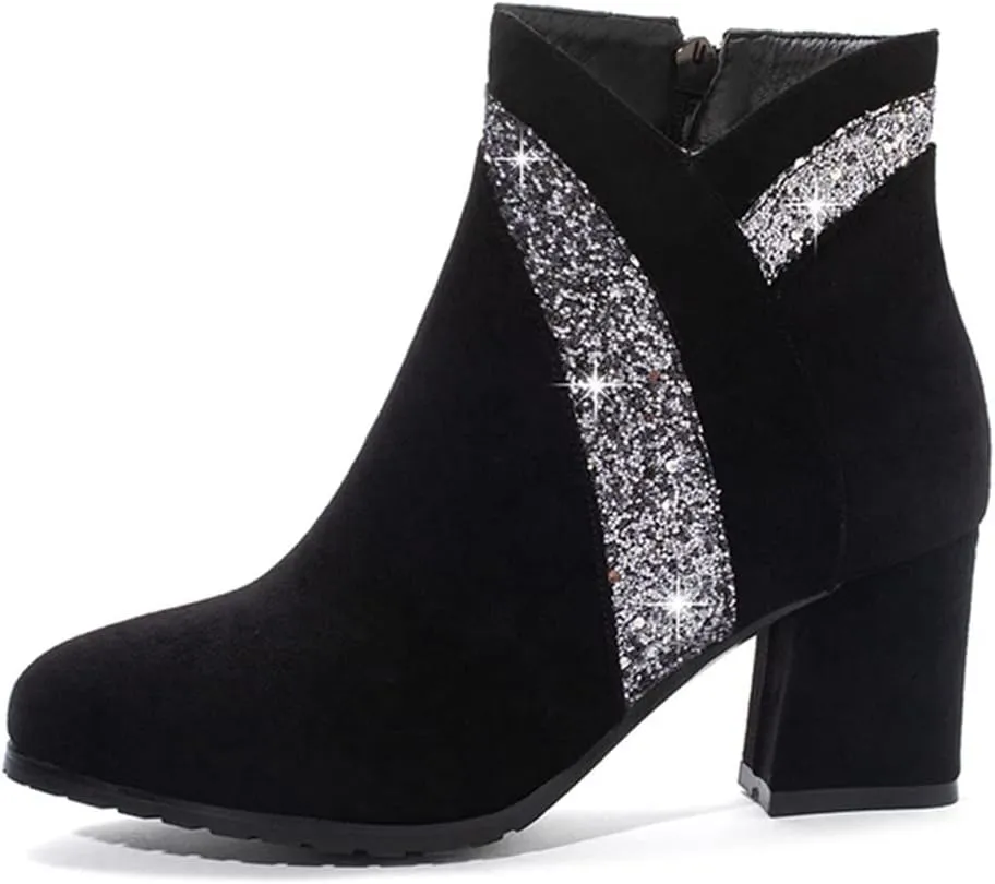 Women's Fashion Glitter Dressy Ankle Boots Round Toe Zipper Chunky Mid Heels Dress Short Booties