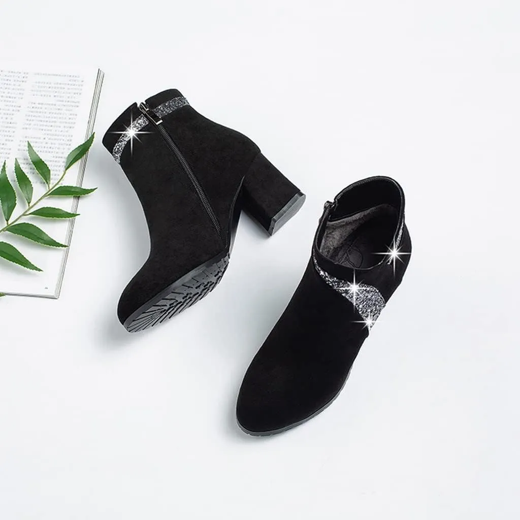 Women's Fashion Glitter Dressy Ankle Boots Round Toe Zipper Chunky Mid Heels Dress Short Booties