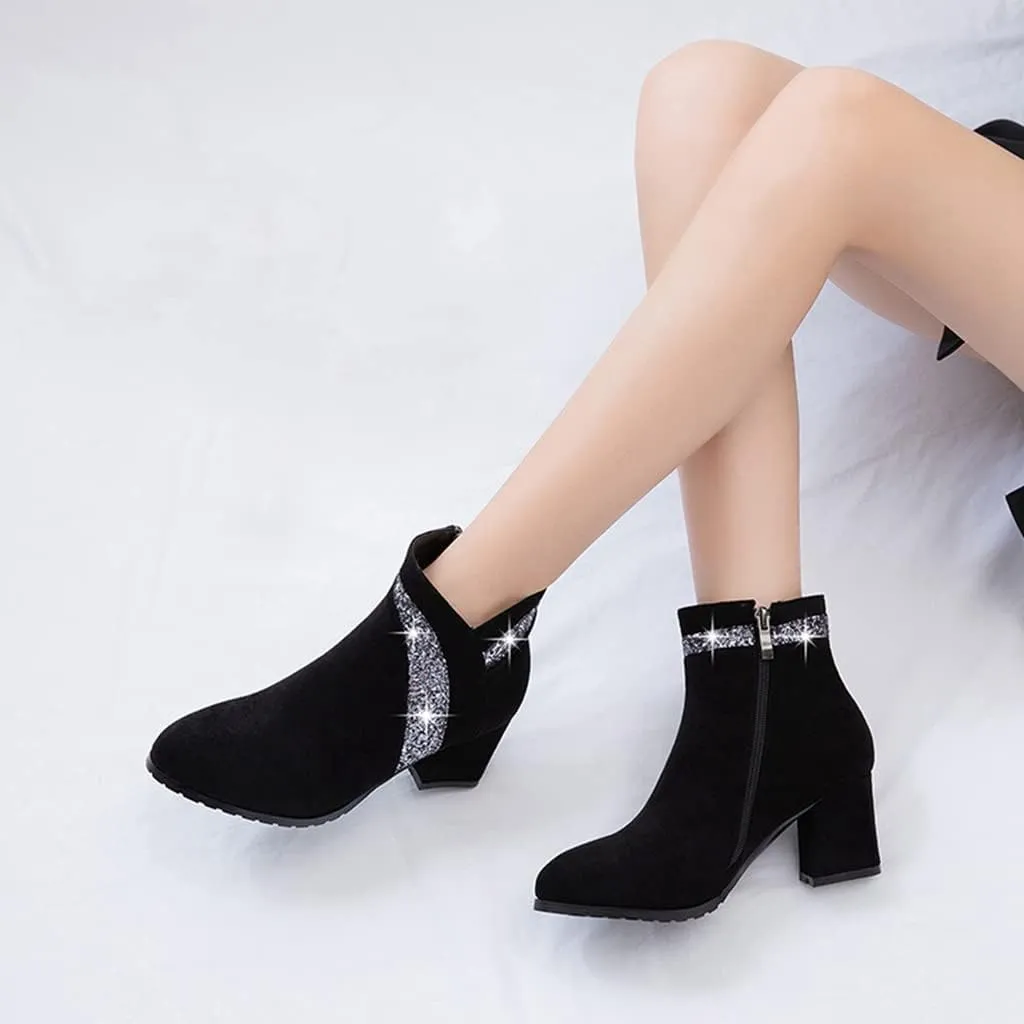 Women's Fashion Glitter Dressy Ankle Boots Round Toe Zipper Chunky Mid Heels Dress Short Booties