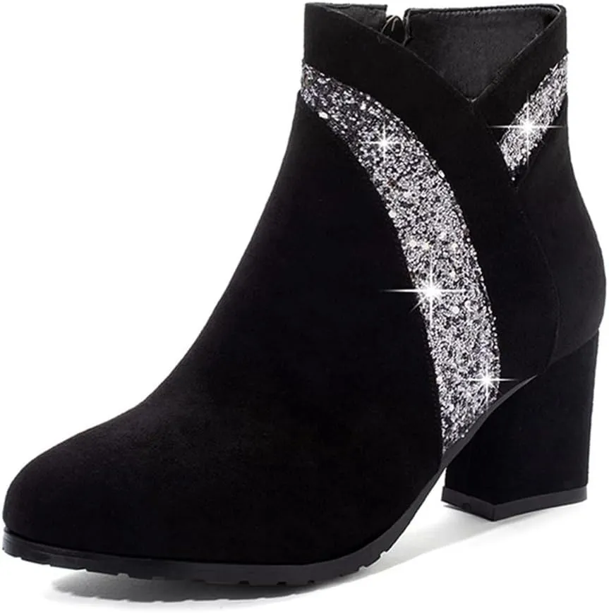 Women's Fashion Glitter Dressy Ankle Boots Round Toe Zipper Chunky Mid Heels Dress Short Booties