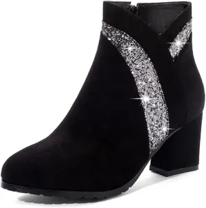 Women's Fashion Glitter Dressy Ankle Boots Round Toe Zipper Chunky Mid Heels Dress Short Booties