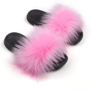 Women's Faux Fur Slippers Fuzzy Vegan Feather Slides Open Toe Indoor Outdoor Sandals Fluffy House Shoes