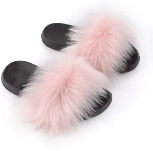 Women's Faux Fur Slippers Fuzzy Vegan Feather Slides Open Toe Indoor Outdoor Sandals Fluffy House Shoes