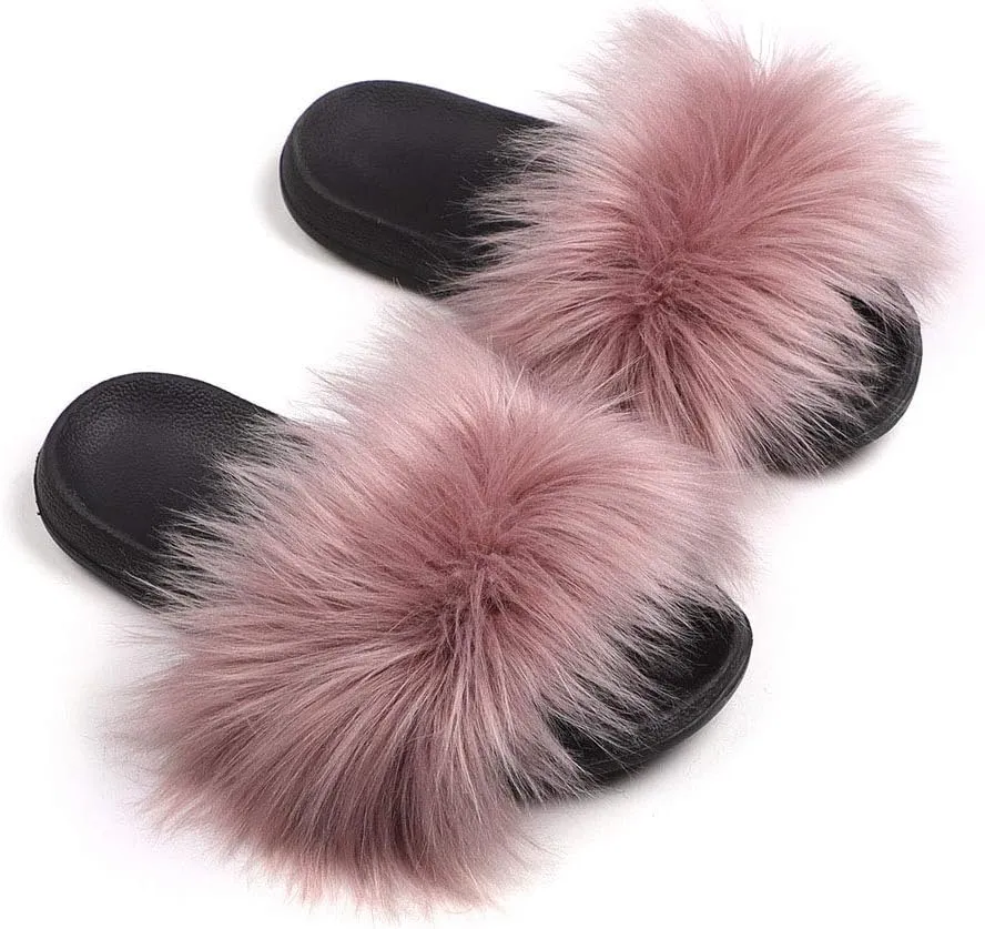 Women's Faux Fur Slippers Fuzzy Vegan Feather Slides Open Toe Indoor Outdoor Sandals Fluffy House Shoes