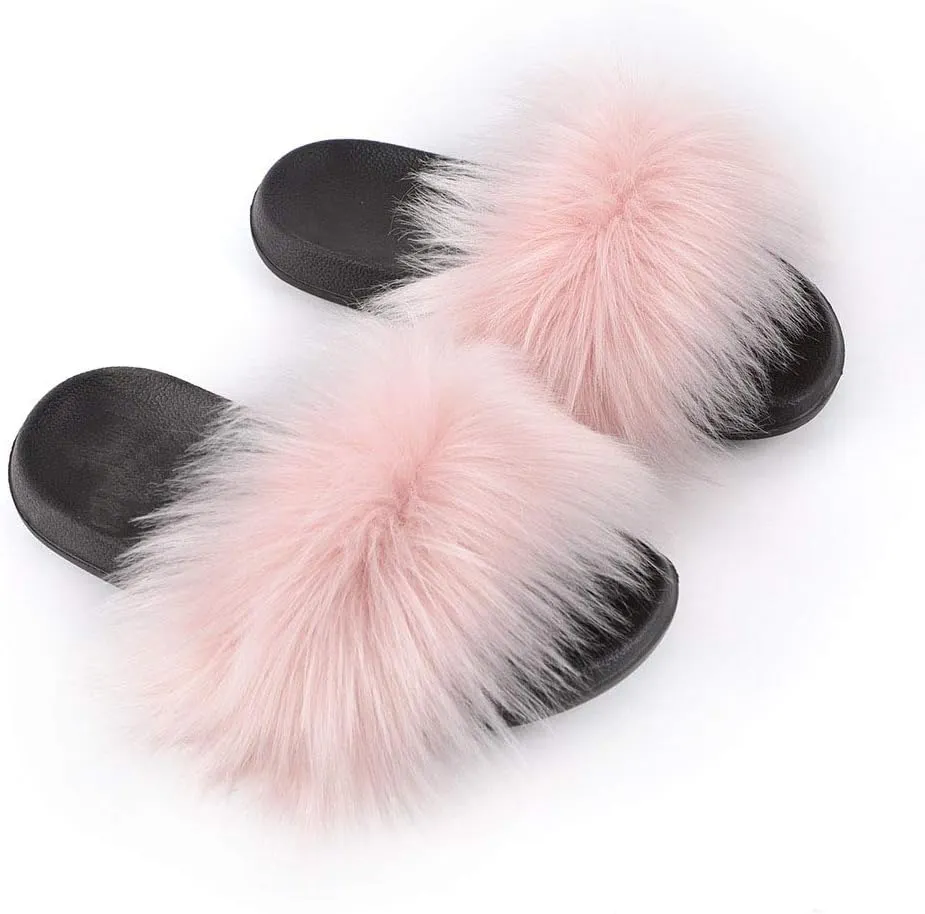 Women's Faux Fur Slippers Fuzzy Vegan Feather Slides Open Toe Indoor Outdoor Sandals Fluffy House Shoes