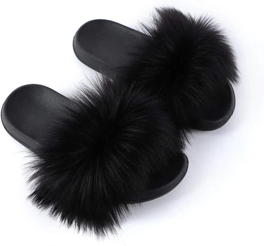 Women's Faux Fur Slippers Fuzzy Vegan Feather Slides Open Toe Indoor Outdoor Sandals Fluffy House Shoes