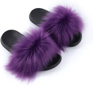 Women's Faux Fur Slippers Fuzzy Vegan Feather Slides Open Toe Indoor Outdoor Sandals Fluffy House Shoes