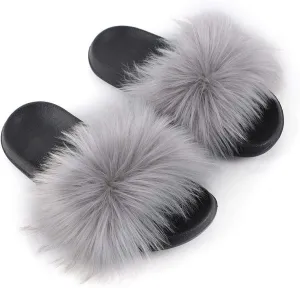 Women's Faux Fur Slippers Fuzzy Vegan Feather Slides Open Toe Indoor Outdoor Sandals Fluffy House Shoes