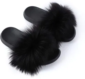 Women's Faux Fur Slippers Fuzzy Vegan Feather Slides Open Toe Indoor Outdoor Sandals Fluffy House Shoes