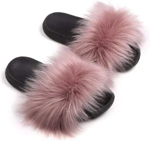 Women's Faux Fur Slippers Fuzzy Vegan Feather Slides Open Toe Indoor Outdoor Sandals Fluffy House Shoes