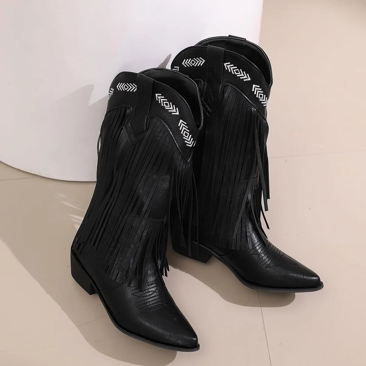 Women's Fringe Cowboy Knee High Boots Cowgirl Boots Pointed Toe Tassel Block Heel Embroidery Stitched Western Boots