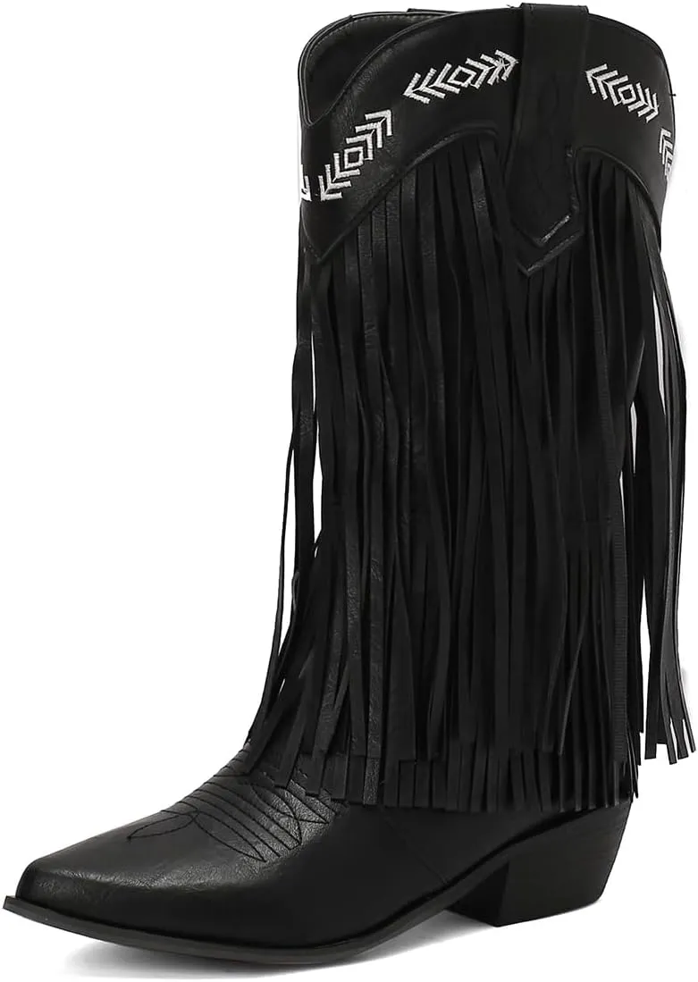 Women's Fringe Cowboy Knee High Boots Cowgirl Boots Pointed Toe Tassel Block Heel Embroidery Stitched Western Boots
