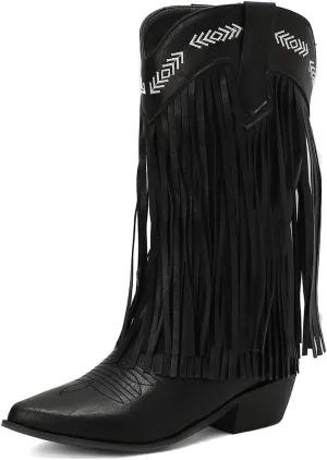 Women's Fringe Cowboy Knee High Boots Cowgirl Boots Pointed Toe Tassel Block Heel Embroidery Stitched Western Boots