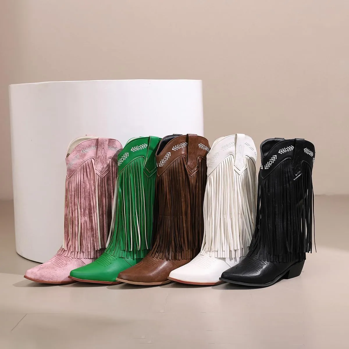 Women's Fringe Cowboy Knee High Boots Cowgirl Boots Pointed Toe Tassel Block Heel Embroidery Stitched Western Boots
