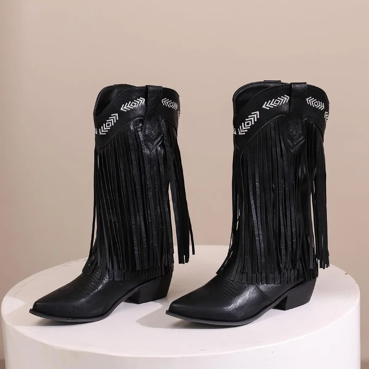 Women's Fringe Cowboy Knee High Boots Cowgirl Boots Pointed Toe Tassel Block Heel Embroidery Stitched Western Boots