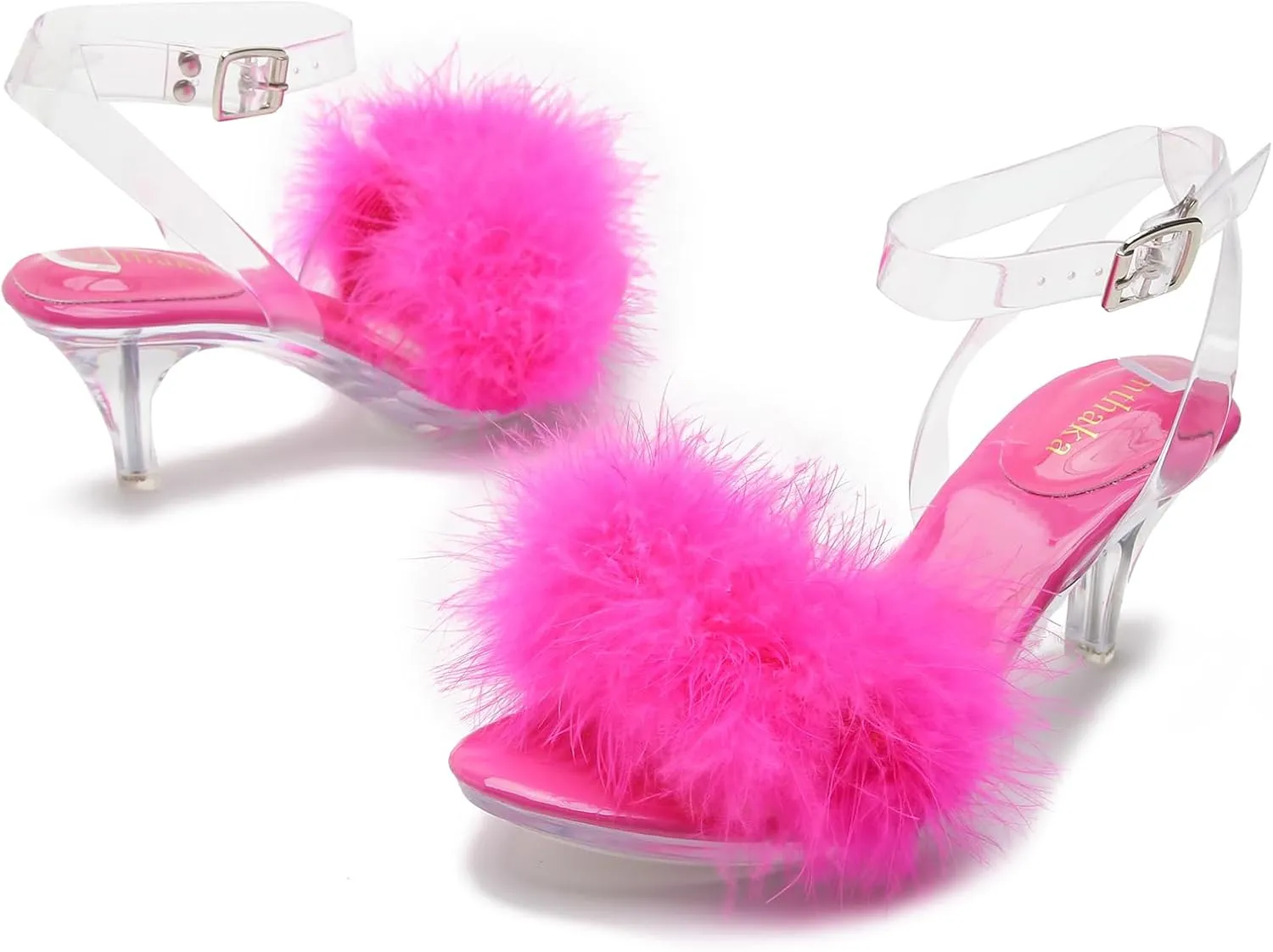 Women's Fuzzy Clear Heels Ankle Strap Stiletto Sandals Fluffy Feather Slip On High Heeled Party Prom Dresses Shoes