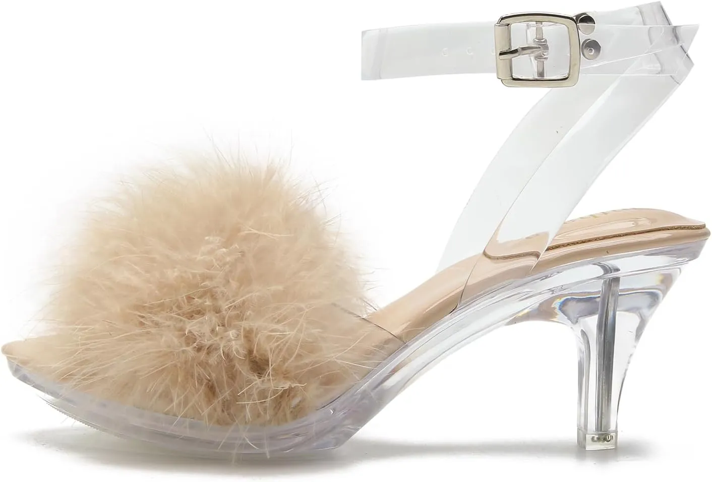 Women's Fuzzy Clear Heels Ankle Strap Stiletto Sandals Fluffy Feather Slip On High Heeled Party Prom Dresses Shoes