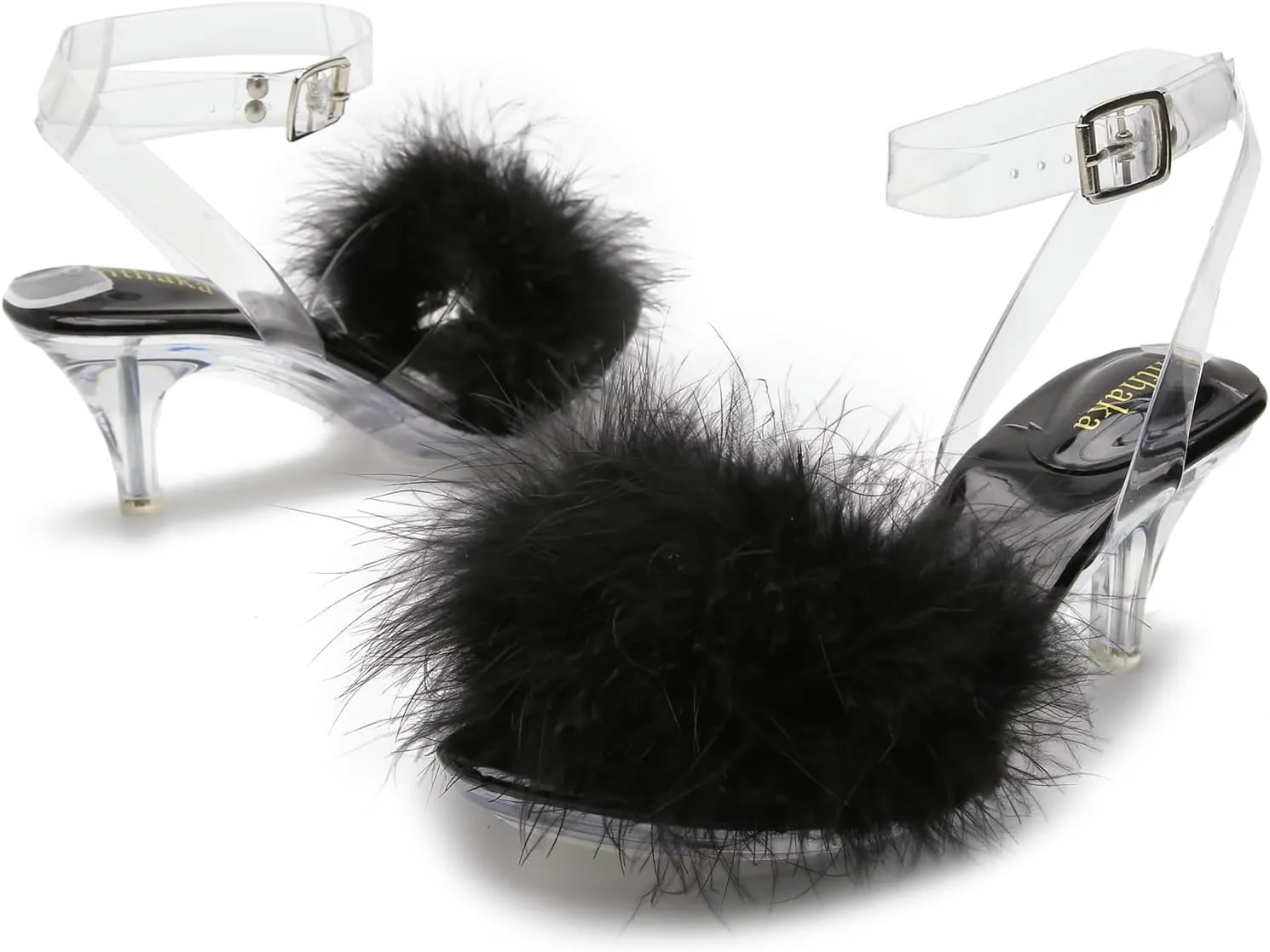 Women's Fuzzy Clear Heels Ankle Strap Stiletto Sandals Fluffy Feather Slip On High Heeled Party Prom Dresses Shoes