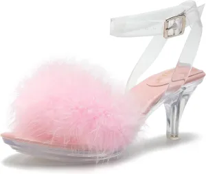 Women's Fuzzy Clear Heels Ankle Strap Stiletto Sandals Fluffy Feather Slip On High Heeled Party Prom Dresses Shoes