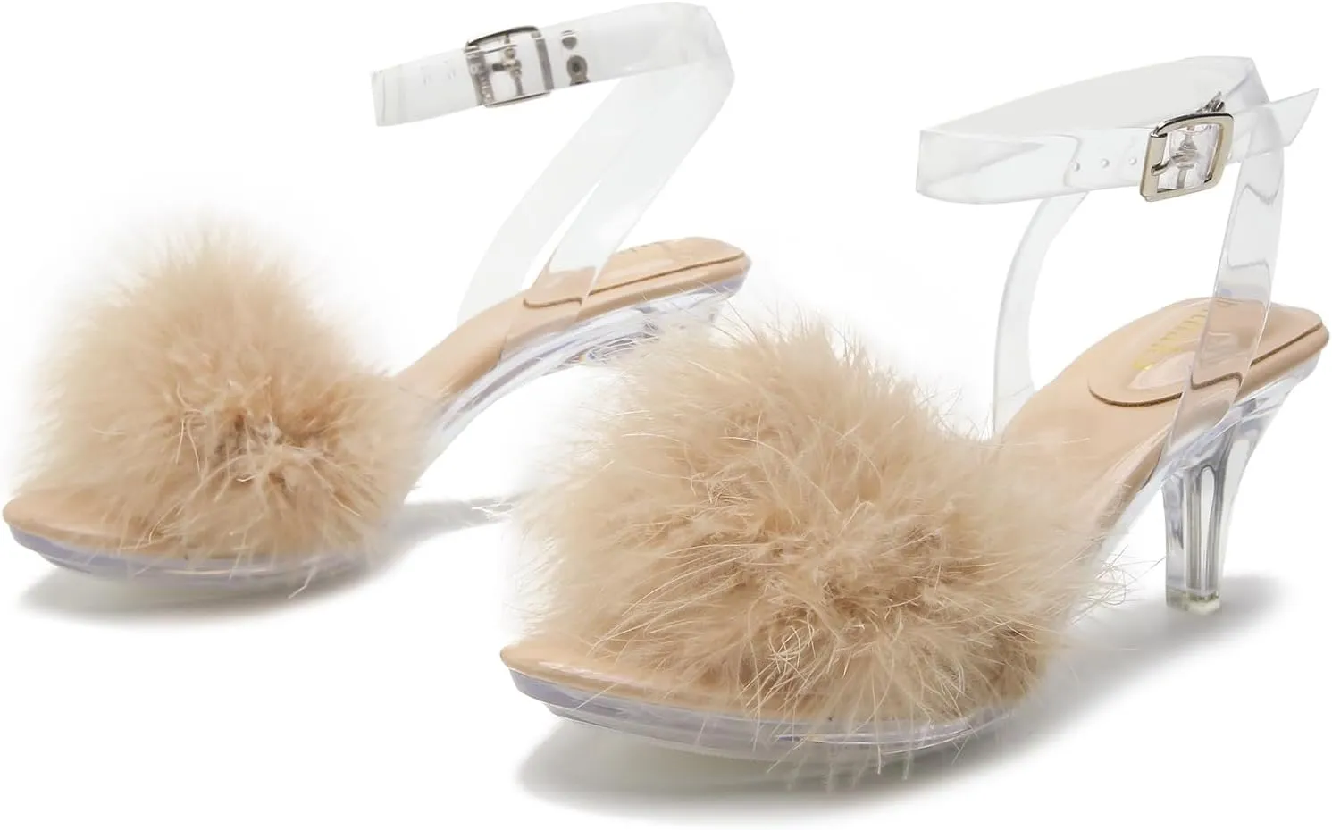 Women's Fuzzy Clear Heels Ankle Strap Stiletto Sandals Fluffy Feather Slip On High Heeled Party Prom Dresses Shoes
