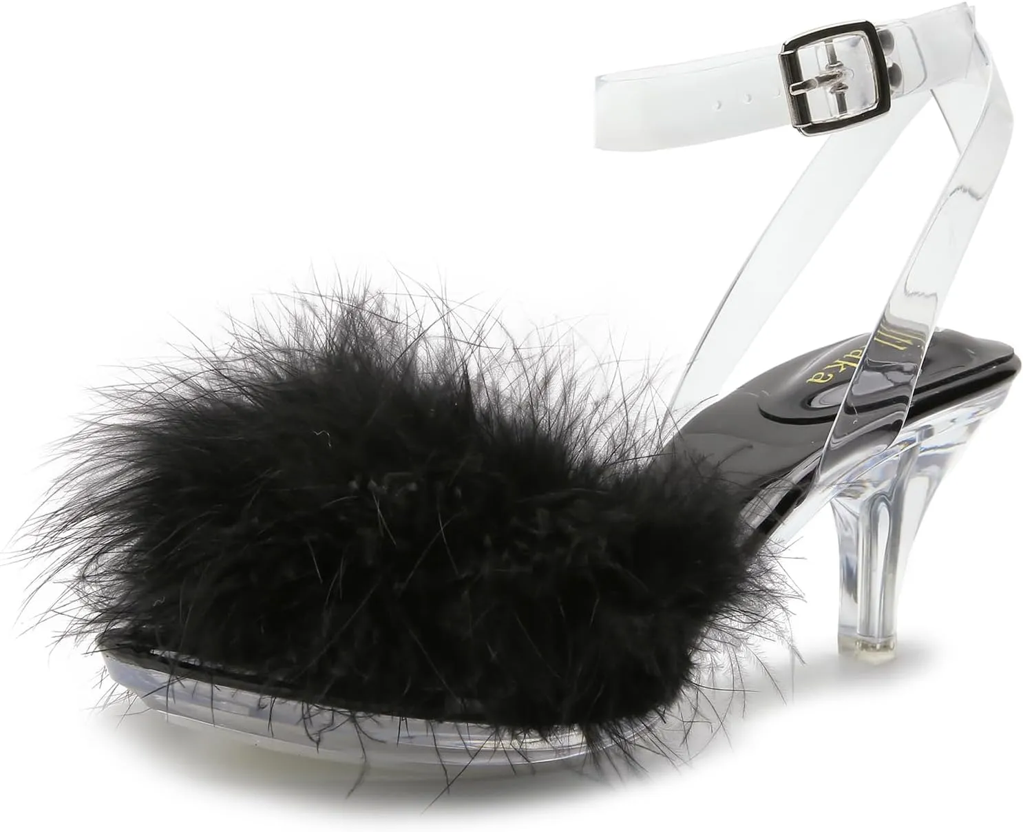Women's Fuzzy Clear Heels Ankle Strap Stiletto Sandals Fluffy Feather Slip On High Heeled Party Prom Dresses Shoes