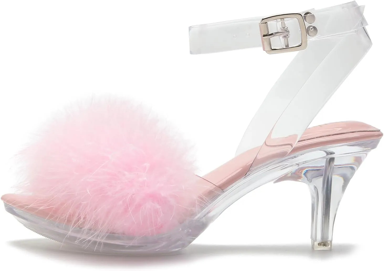 Women's Fuzzy Clear Heels Ankle Strap Stiletto Sandals Fluffy Feather Slip On High Heeled Party Prom Dresses Shoes