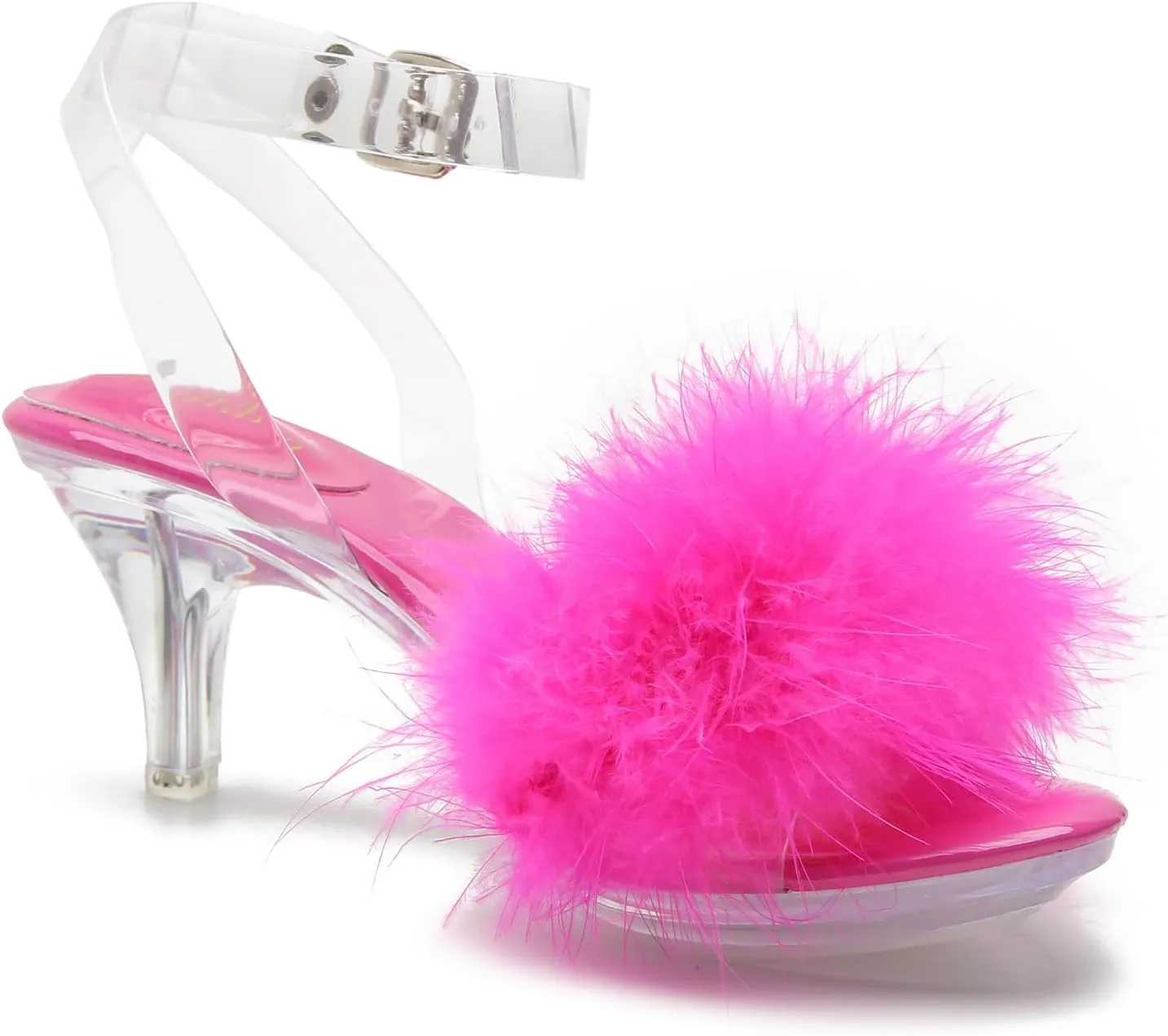 Women's Fuzzy Clear Heels Ankle Strap Stiletto Sandals Fluffy Feather Slip On High Heeled Party Prom Dresses Shoes