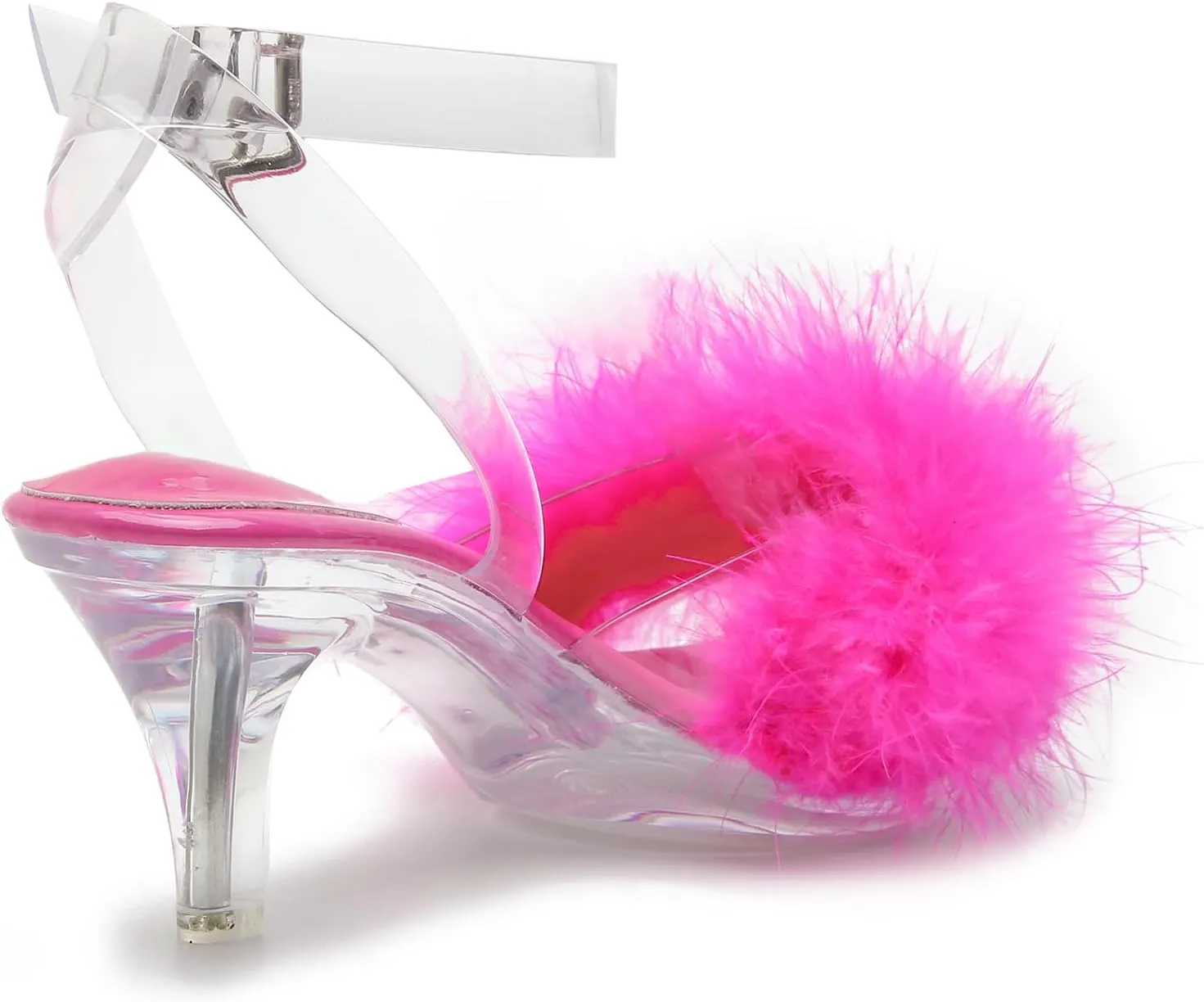 Women's Fuzzy Clear Heels Ankle Strap Stiletto Sandals Fluffy Feather Slip On High Heeled Party Prom Dresses Shoes
