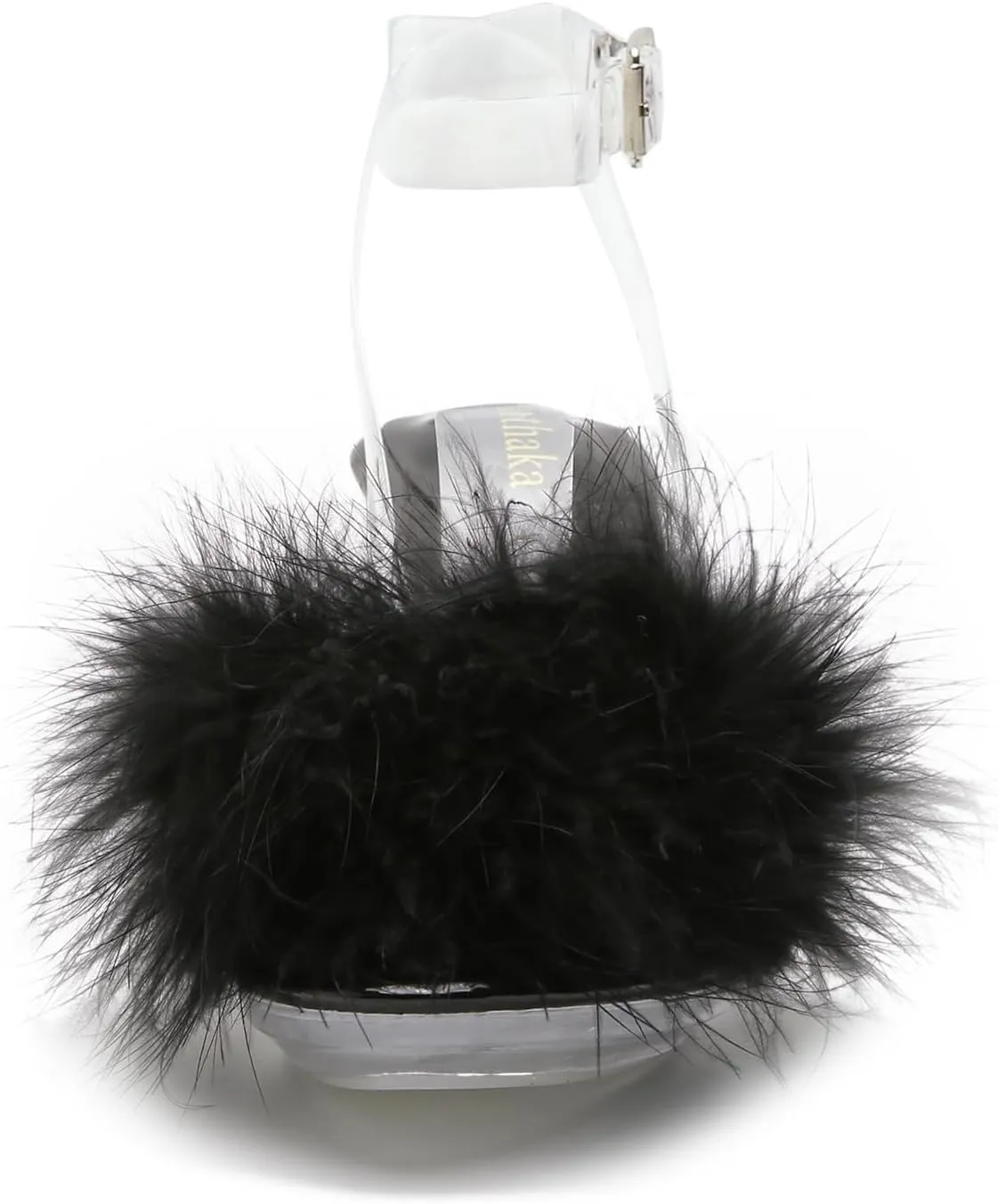 Women's Fuzzy Clear Heels Ankle Strap Stiletto Sandals Fluffy Feather Slip On High Heeled Party Prom Dresses Shoes