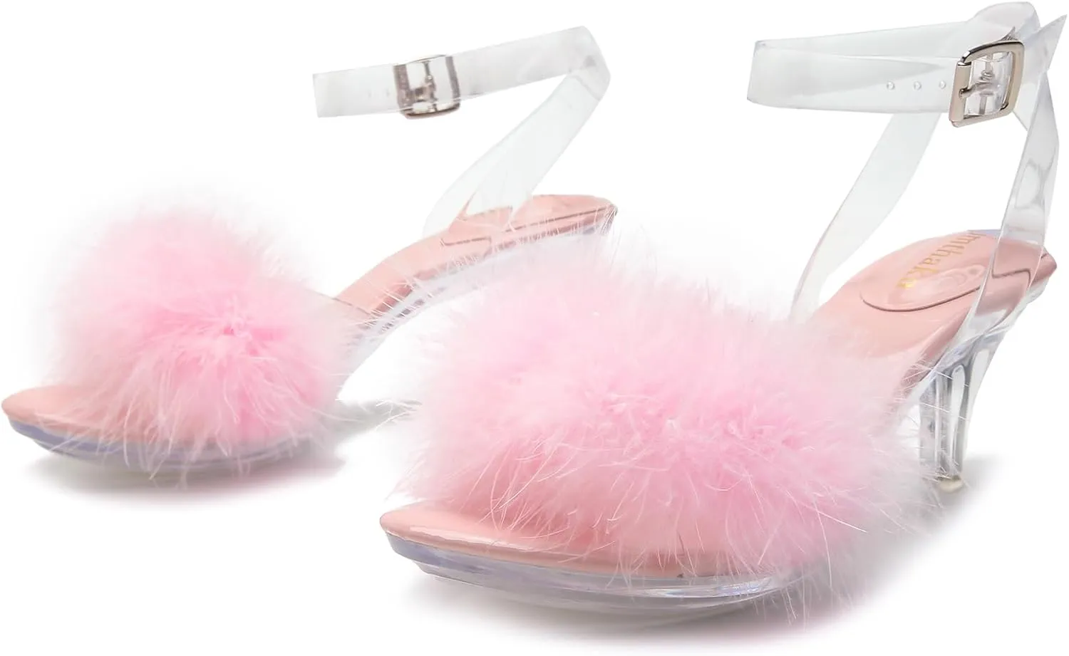 Women's Fuzzy Clear Heels Ankle Strap Stiletto Sandals Fluffy Feather Slip On High Heeled Party Prom Dresses Shoes