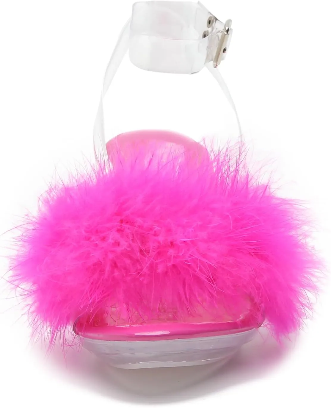 Women's Fuzzy Clear Heels Ankle Strap Stiletto Sandals Fluffy Feather Slip On High Heeled Party Prom Dresses Shoes