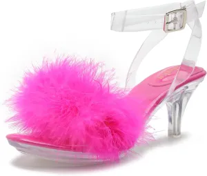 Women's Fuzzy Clear Heels Ankle Strap Stiletto Sandals Fluffy Feather Slip On High Heeled Party Prom Dresses Shoes