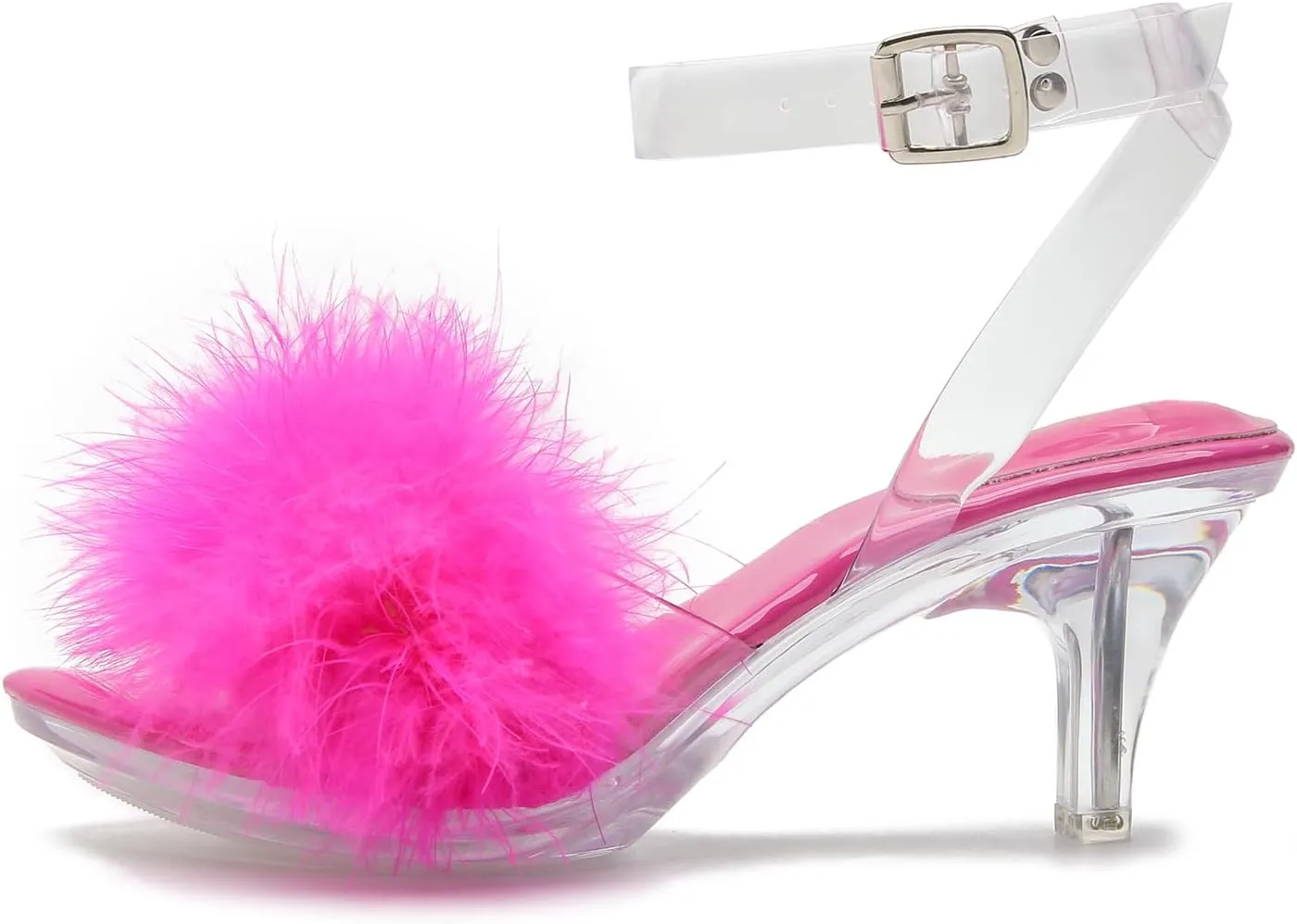 Women's Fuzzy Clear Heels Ankle Strap Stiletto Sandals Fluffy Feather Slip On High Heeled Party Prom Dresses Shoes