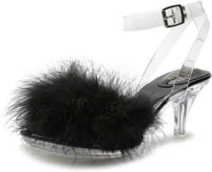 Women's Fuzzy Clear Heels Ankle Strap Stiletto Sandals Fluffy Feather Slip On High Heeled Party Prom Dresses Shoes