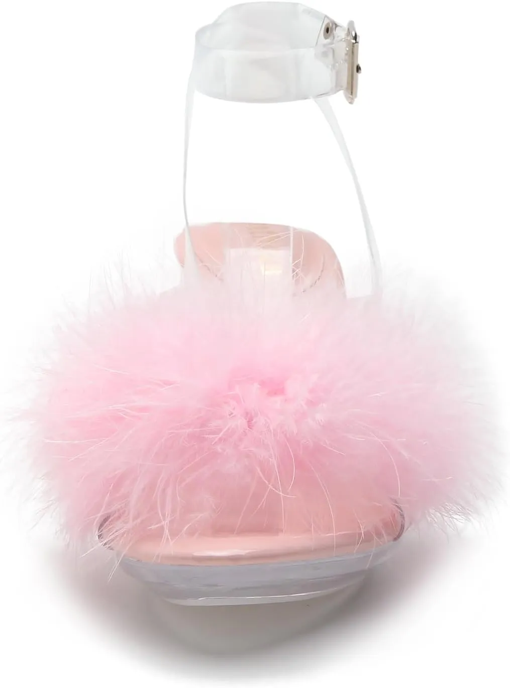 Women's Fuzzy Clear Heels Ankle Strap Stiletto Sandals Fluffy Feather Slip On High Heeled Party Prom Dresses Shoes