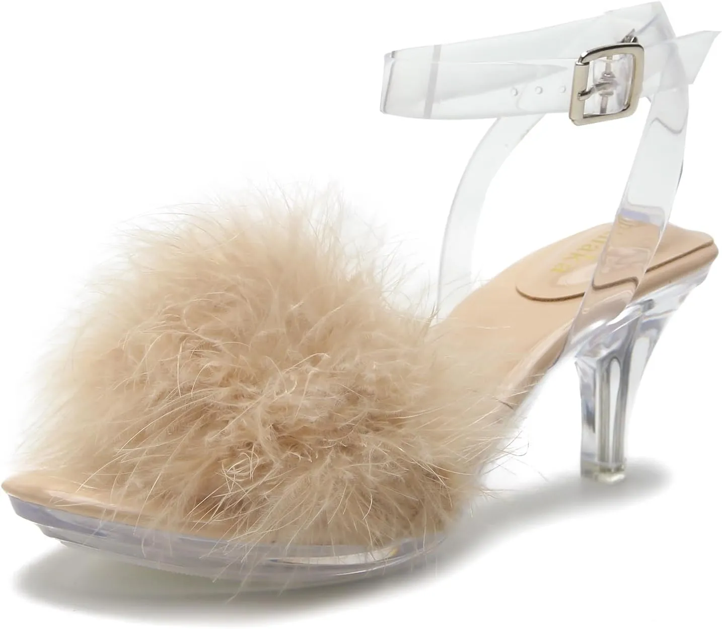 Women's Fuzzy Clear Heels Ankle Strap Stiletto Sandals Fluffy Feather Slip On High Heeled Party Prom Dresses Shoes