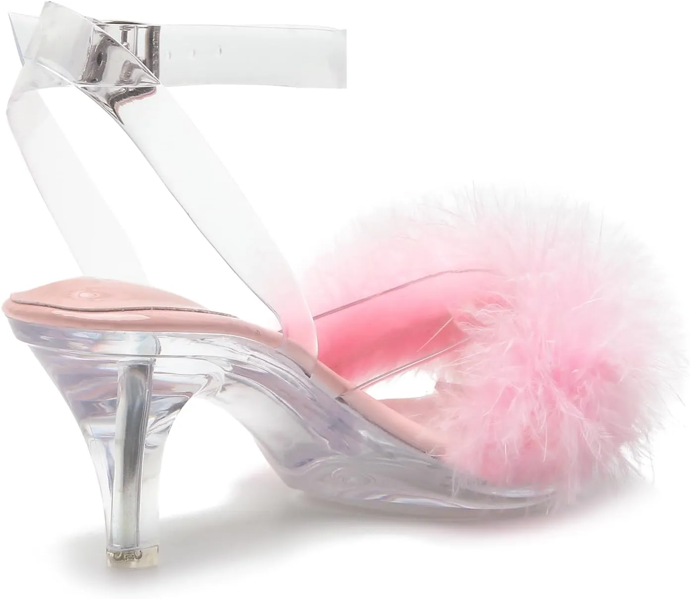 Women's Fuzzy Clear Heels Ankle Strap Stiletto Sandals Fluffy Feather Slip On High Heeled Party Prom Dresses Shoes