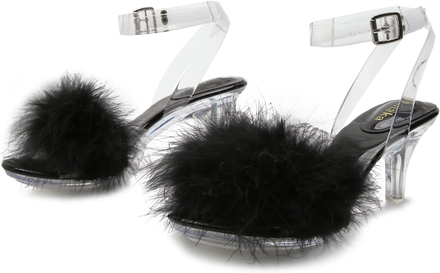 Women's Fuzzy Clear Heels Ankle Strap Stiletto Sandals Fluffy Feather Slip On High Heeled Party Prom Dresses Shoes