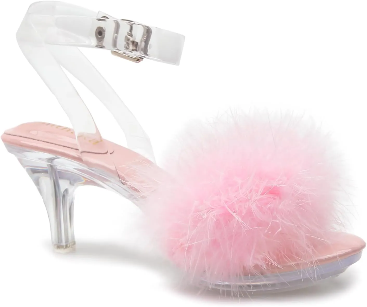 Women's Fuzzy Clear Heels Ankle Strap Stiletto Sandals Fluffy Feather Slip On High Heeled Party Prom Dresses Shoes