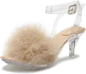 Women's Fuzzy Clear Heels Ankle Strap Stiletto Sandals Fluffy Feather Slip On High Heeled Party Prom Dresses Shoes
